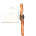 Maurice Lacroix Les Classiques watch with Roman numerals and leather strap close up