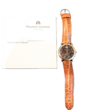 Maurice Lacroix Les Classiques watch with Roman numerals and leather strap close up
