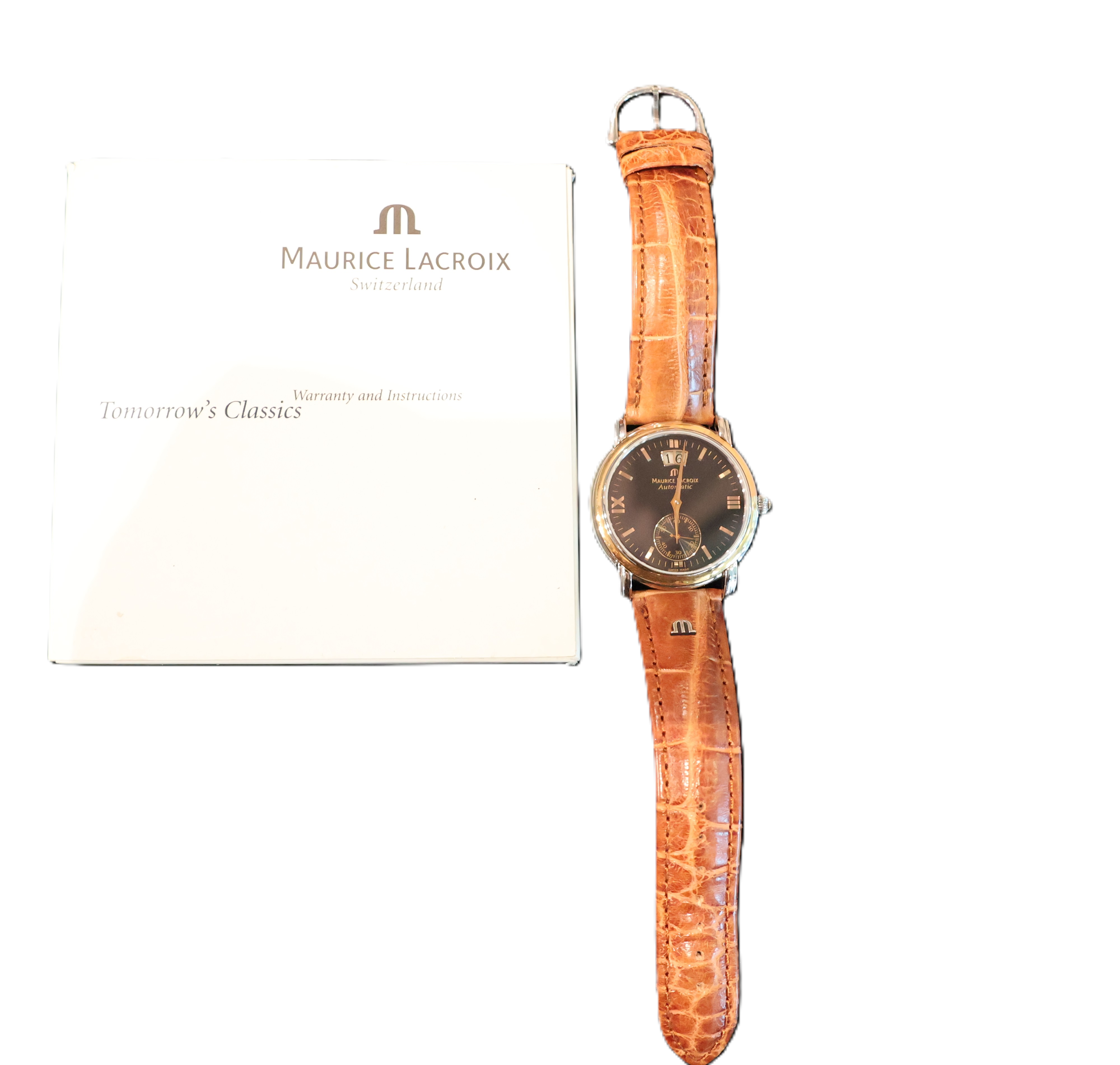 Maurice Lacroix Les Classiques watch with Roman numerals and leather strap close up
