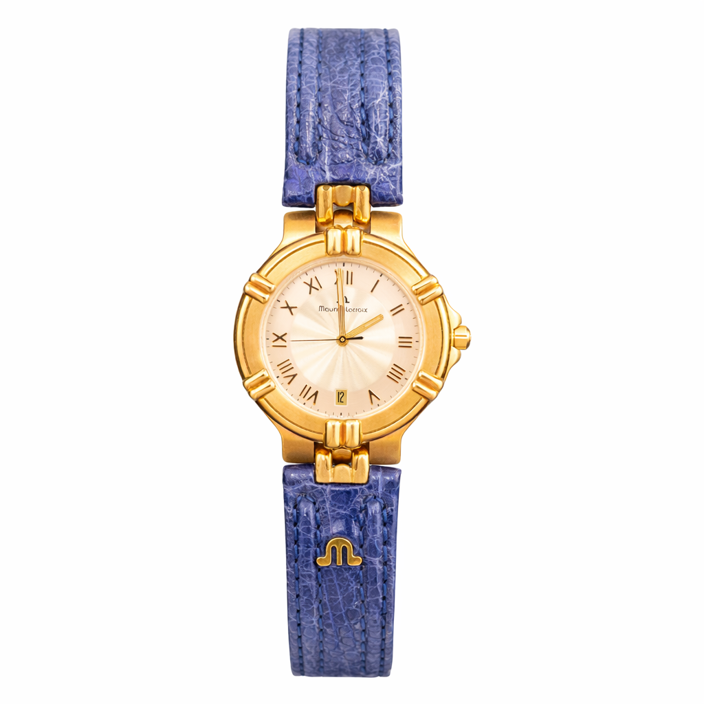 Maurice Lacroix women’s gold watch with blue leather strap worn on wrist