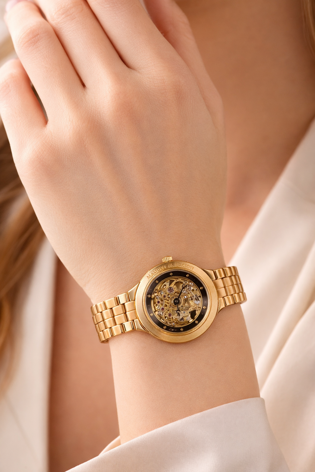 gold skeleton wristwatch for women Maurice Lacroix elegant luxury timepiece