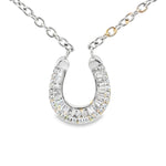 18K white gold horseshoe pendant necklace set with baguette and brilliant-cut diamonds, luxury equestrian lucky charm jewelry