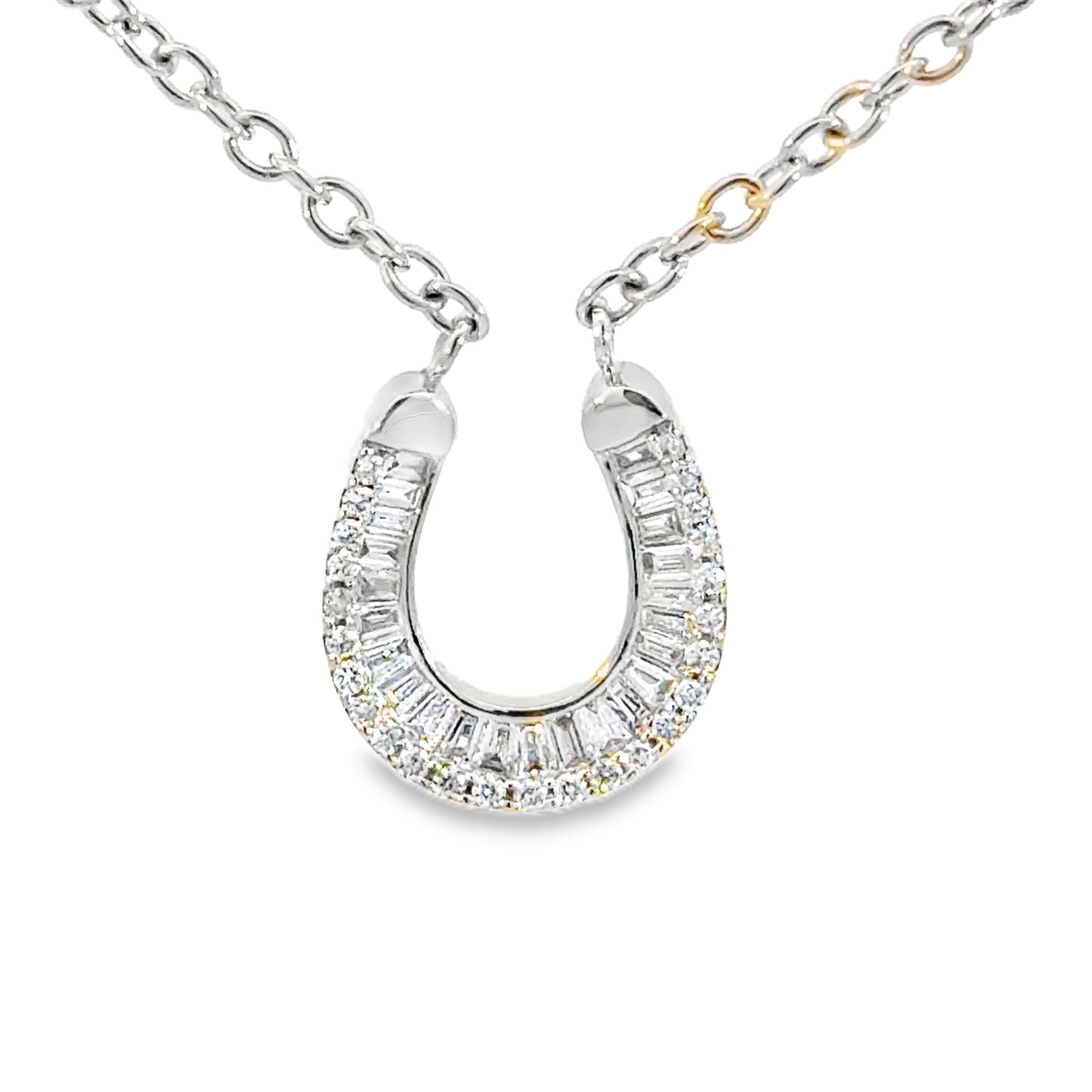 18K white gold horseshoe pendant necklace set with baguette and brilliant-cut diamonds, luxury equestrian lucky charm jewelry
