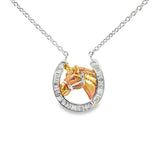 White & Rose Gold Horseshoe Equestrian Charm Necklace with Diamonds & Ruby Eye
