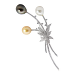 18K white gold floral brooch with 3.135 ct diamonds and three multicolor pearls on black background