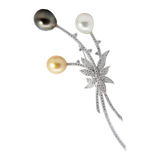 18K white gold floral brooch with 3.135 ct diamonds and three multicolor pearls on black background