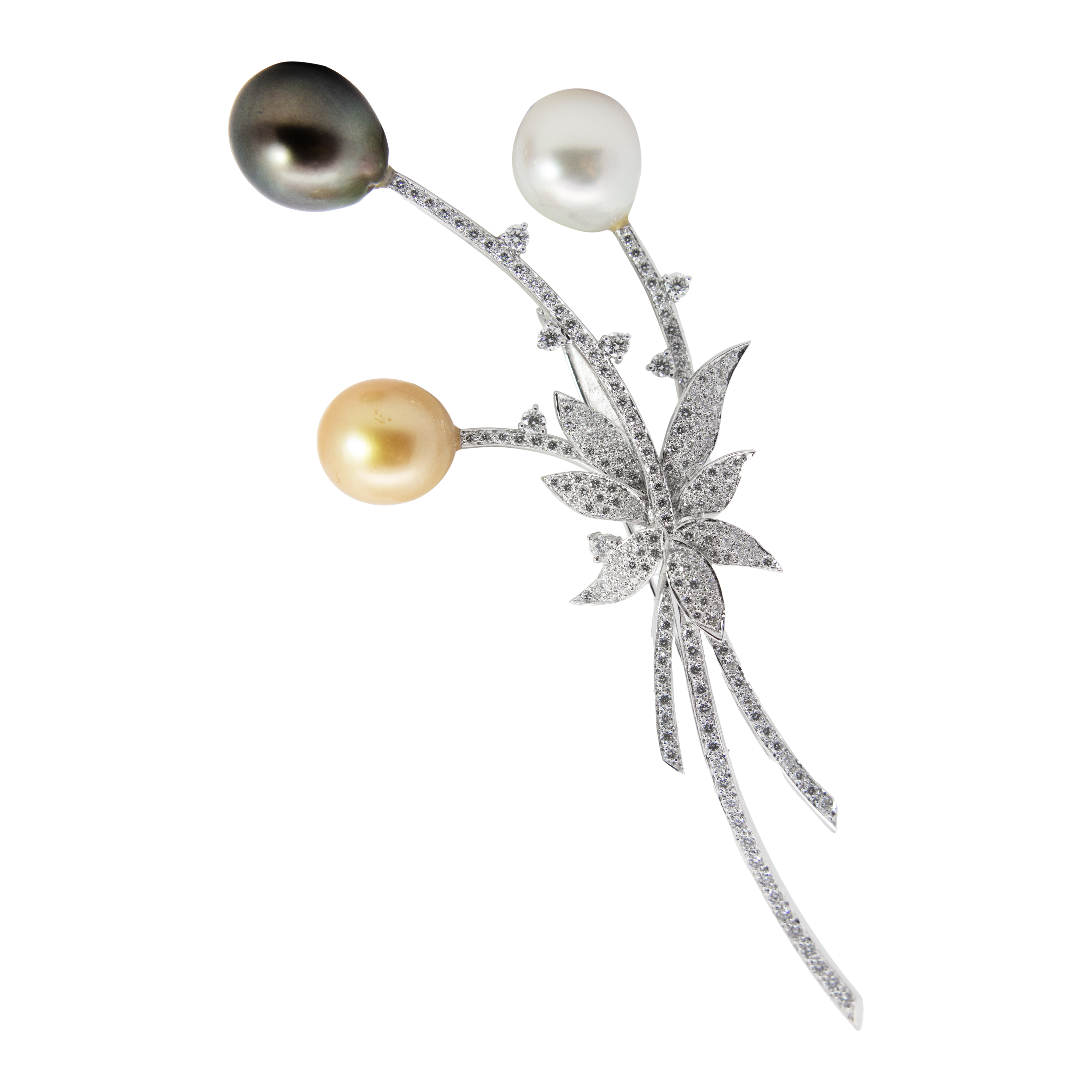 18K white gold floral brooch with 3.135 ct diamonds and three multicolor pearls on black background