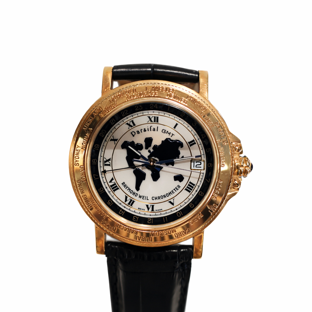 Raymond Weil Parsifal GMT 18K gold automatic watch with world time dial and black crocodile leather strap full set