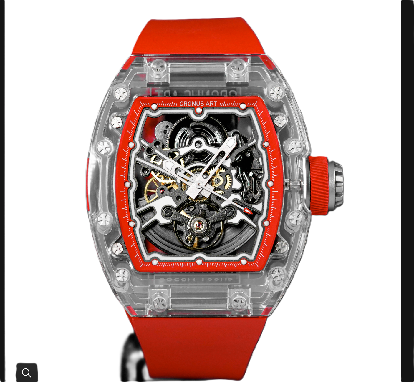 Cronus Art automatic mechanical skeleton watch featuring CRONUSART 2208-CA808 movement, red eco-friendly fluoroelastomer strap, 50-meter water resistance, and visible mechanical architecture