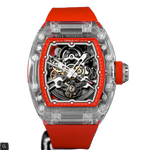 Cronus Art automatic mechanical skeleton watch featuring CRONUSART 2208-CA808 movement, red eco-friendly fluoroelastomer strap, 50-meter water resistance, and visible mechanical architecture