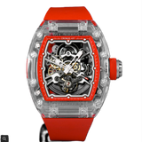 Cronus Art automatic mechanical skeleton watch featuring CRONUSART 2208-CA808 movement, red eco-friendly fluoroelastomer strap, 50-meter water resistance, and visible mechanical architecture