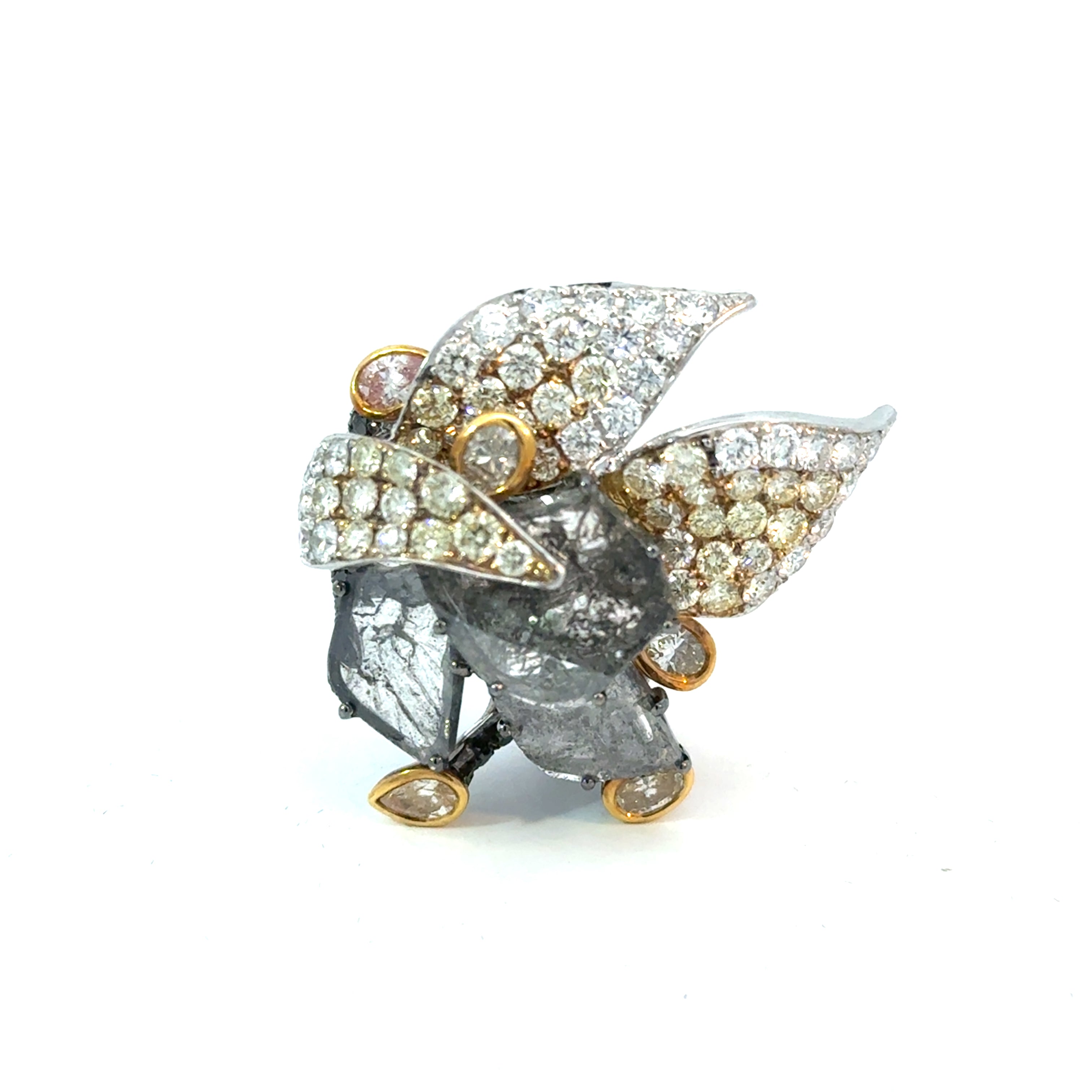 18K gold ring with grey diamonds and fancy pear shaped diamonds luxury design