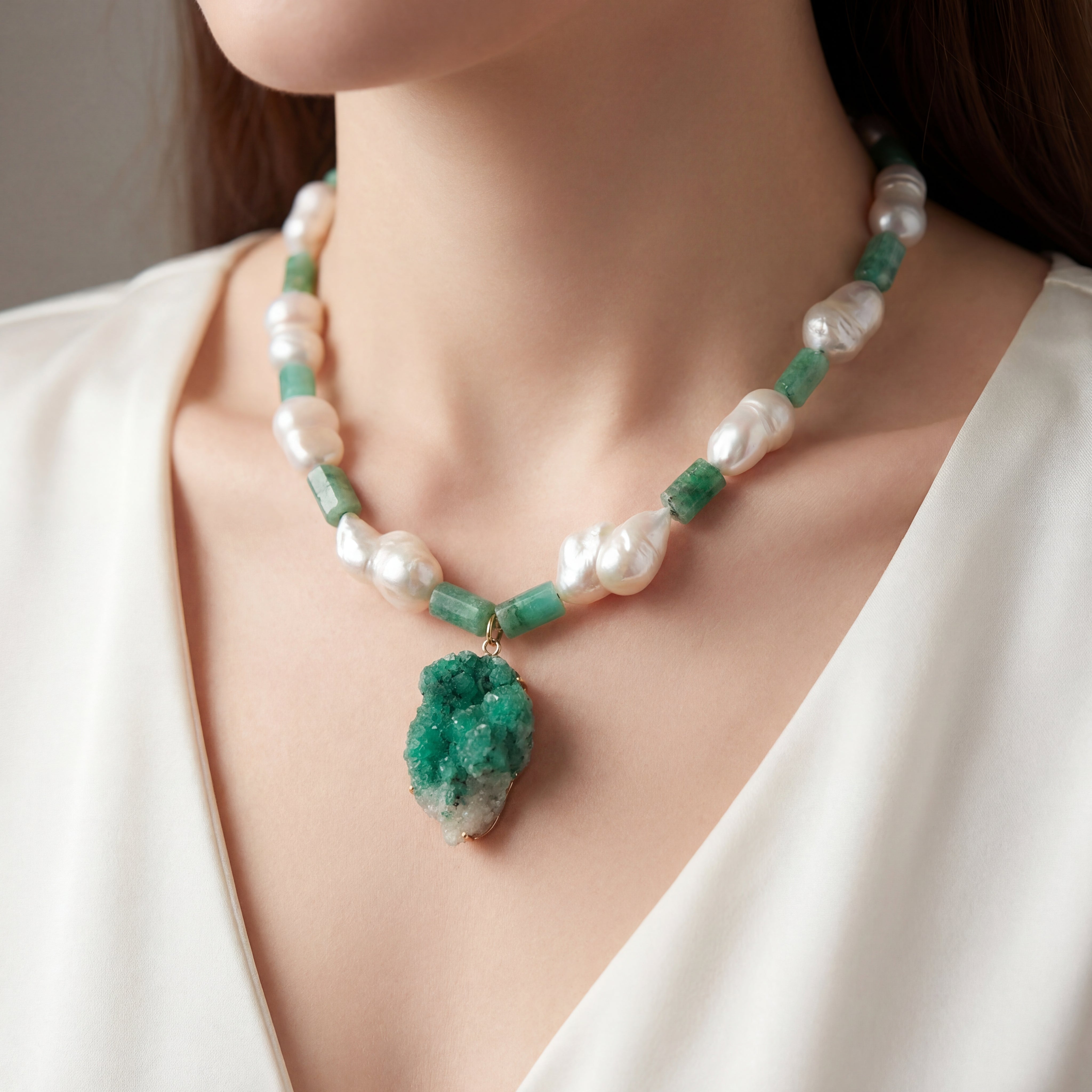 luxury emerald pearl earrings and necklace set