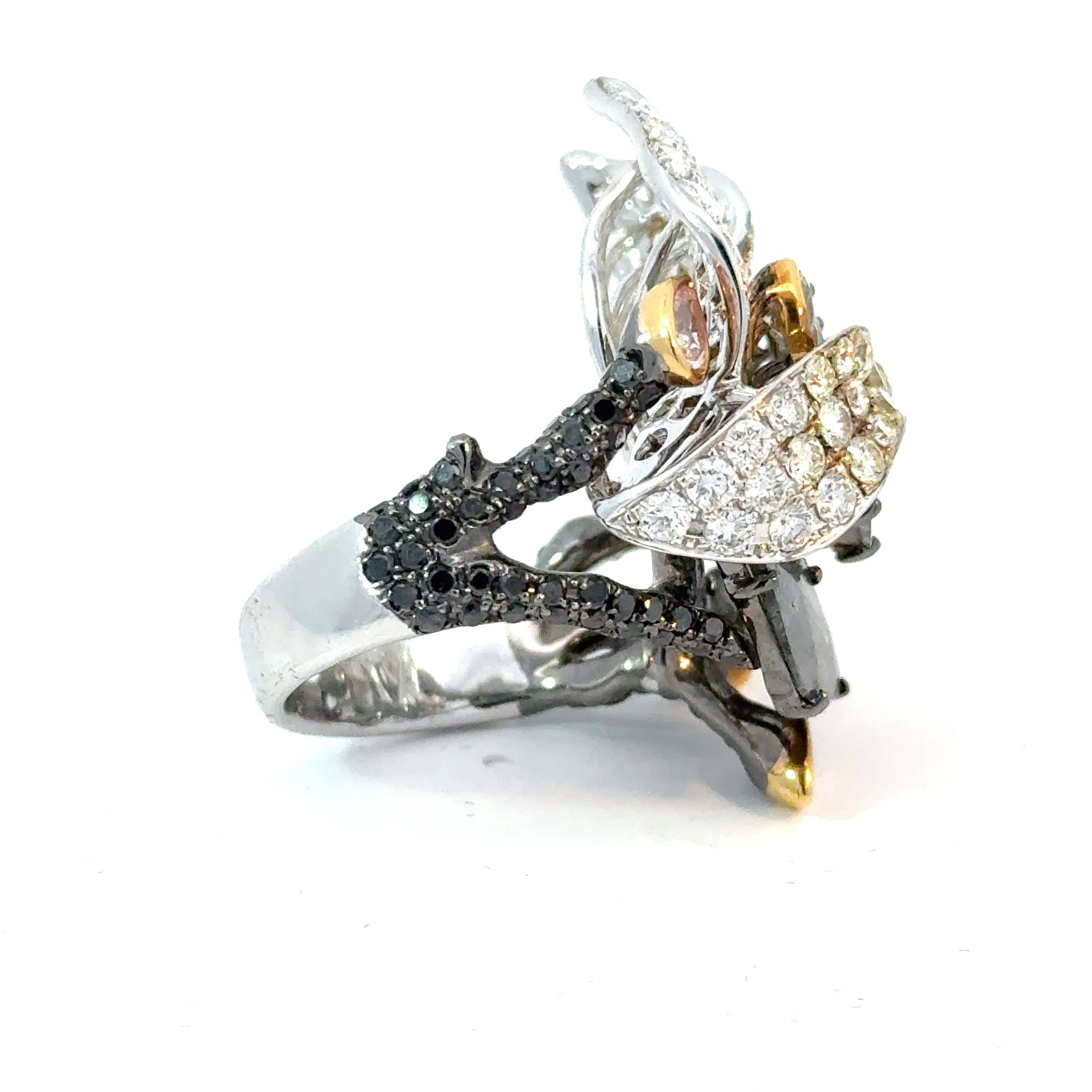 close up fancy diamond ring sculptural design