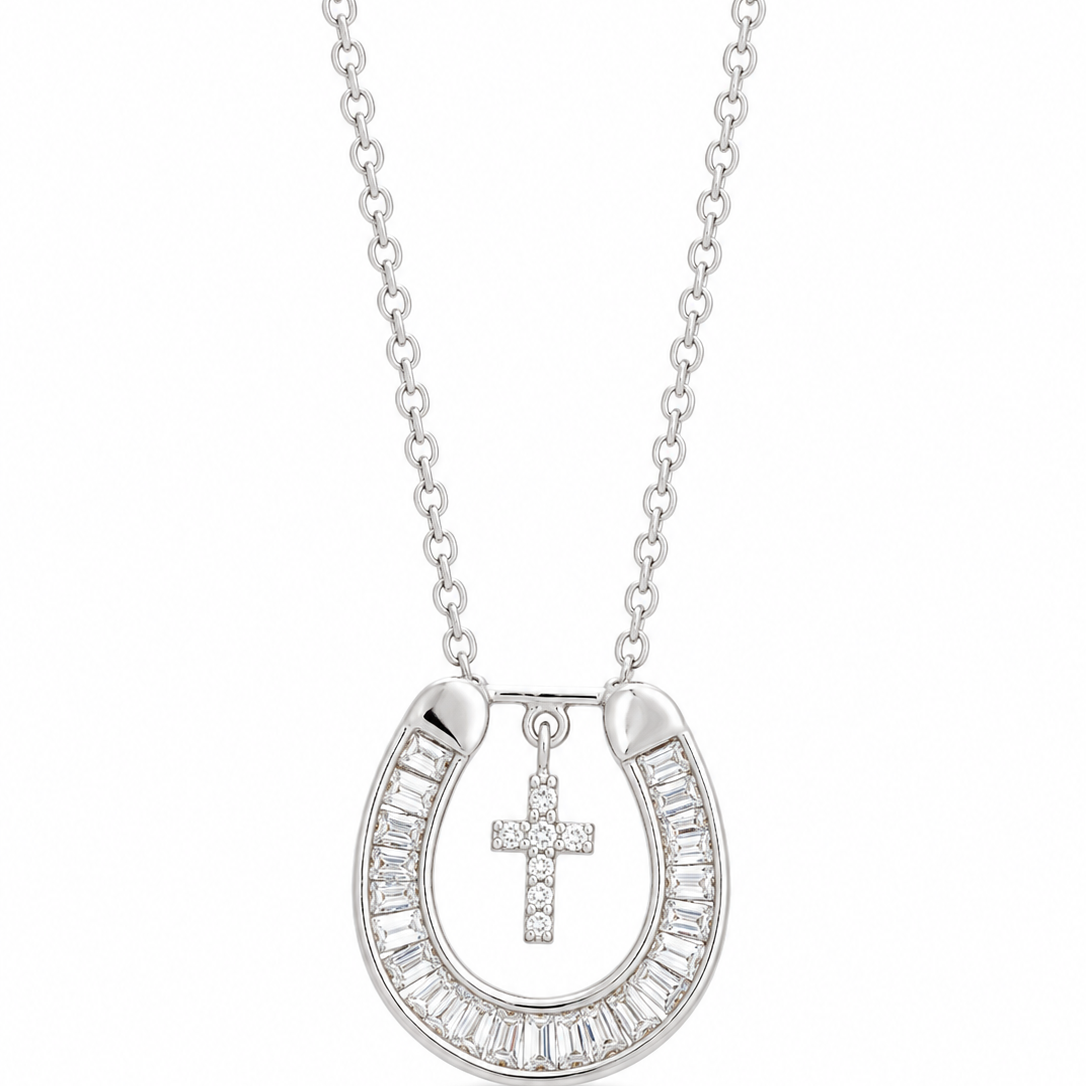 Luxury horseshoe necklace in 18K white gold with diamond cross pendant and sparkling diamonds