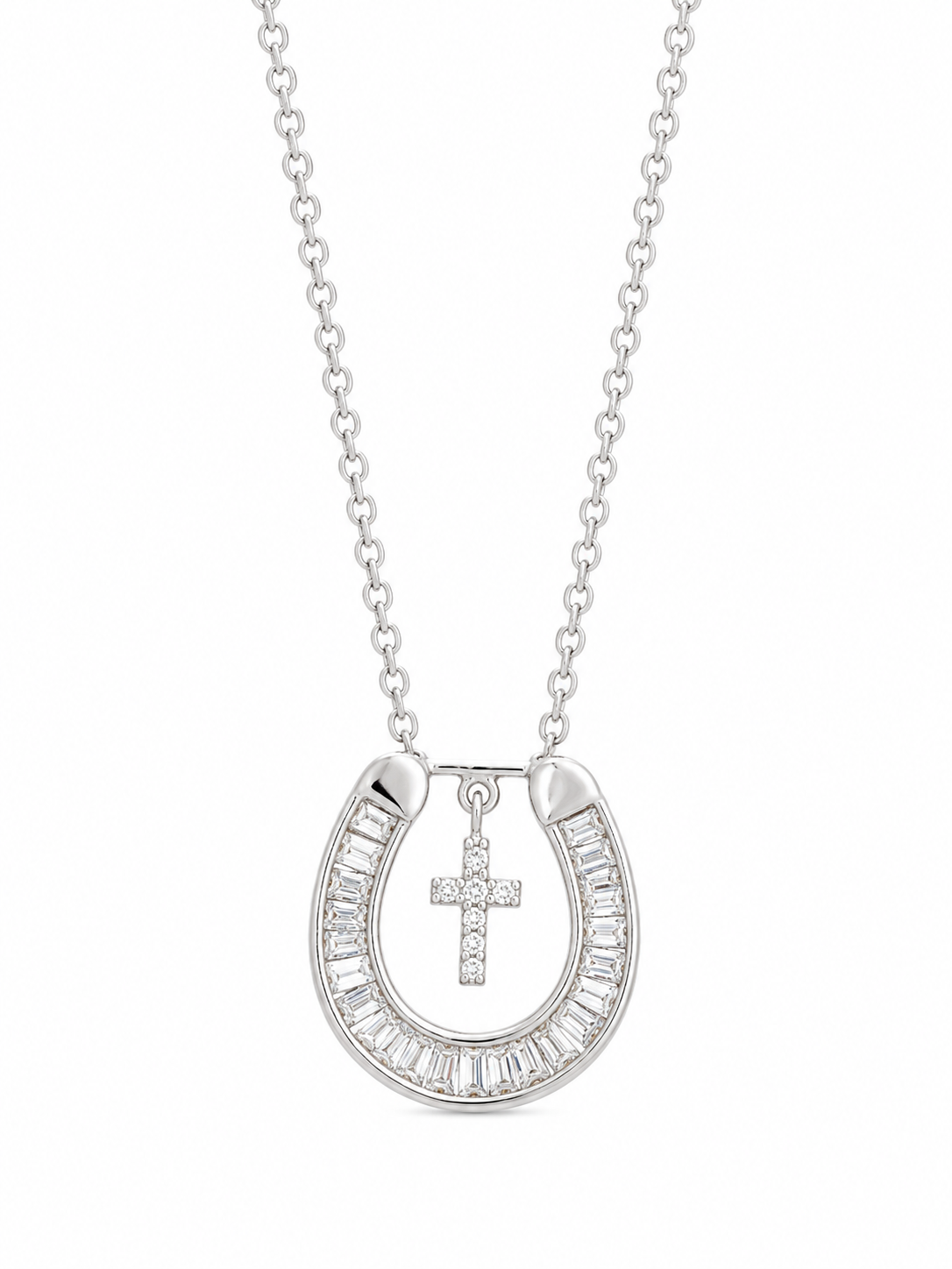Luxury horseshoe necklace in 18K white gold with diamond cross pendant and sparkling diamonds