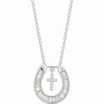 Luxury horseshoe necklace in 18K white gold with diamond cross pendant and sparkling diamonds
