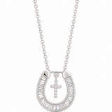 Luxury horseshoe necklace in 18K white gold with diamond cross pendant and sparkling diamonds