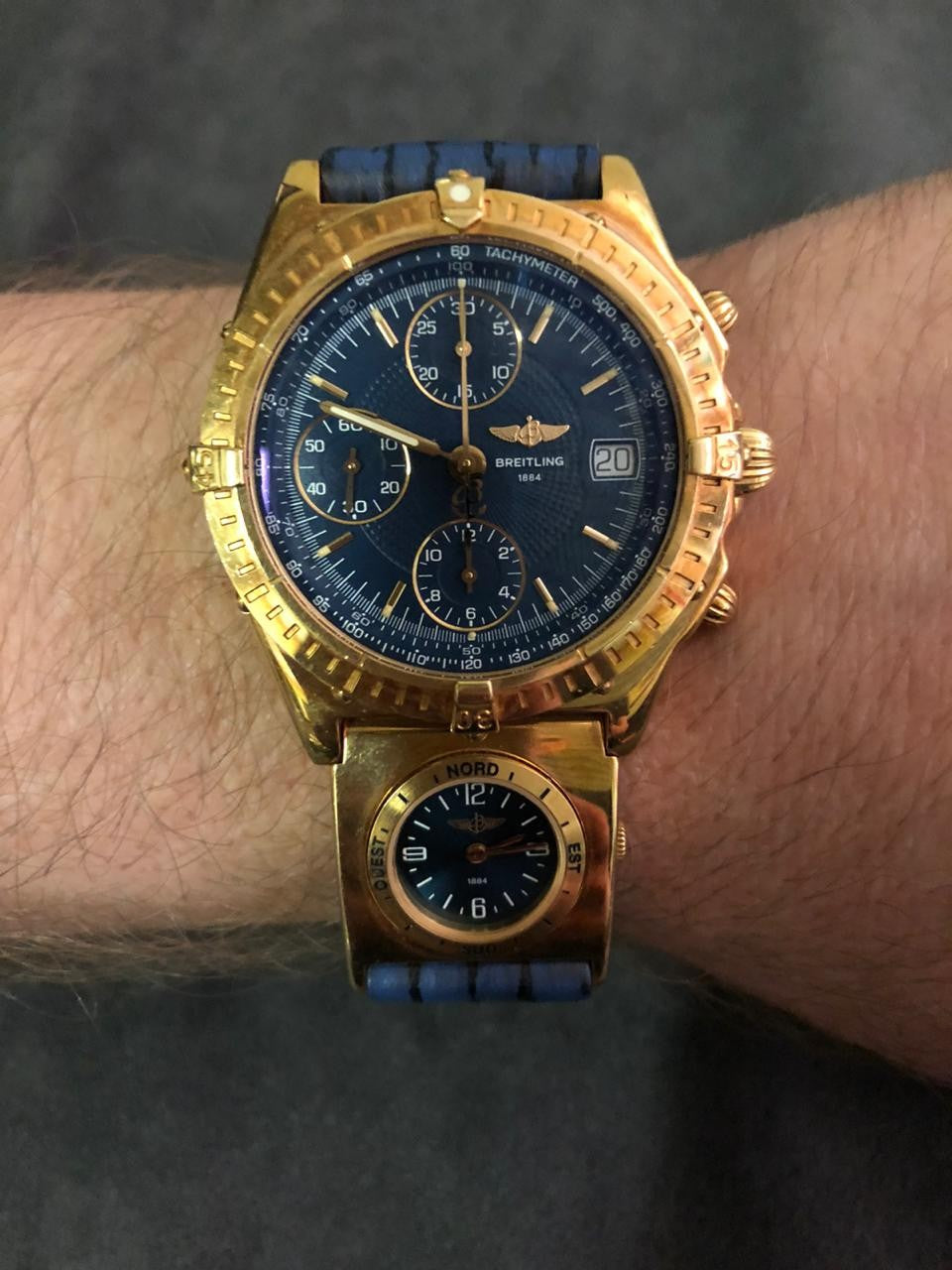 Breitling Chronomat K13050.1 18K solid gold blue dial chronograph with UTC module and date window – vintage 1990s full set