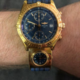 Breitling Chronomat K13050.1 18K solid gold blue dial chronograph with UTC module and date window – vintage 1990s full set