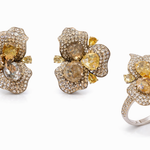 18K gold diamond earrings and ring set with fancy pear shaped diamonds