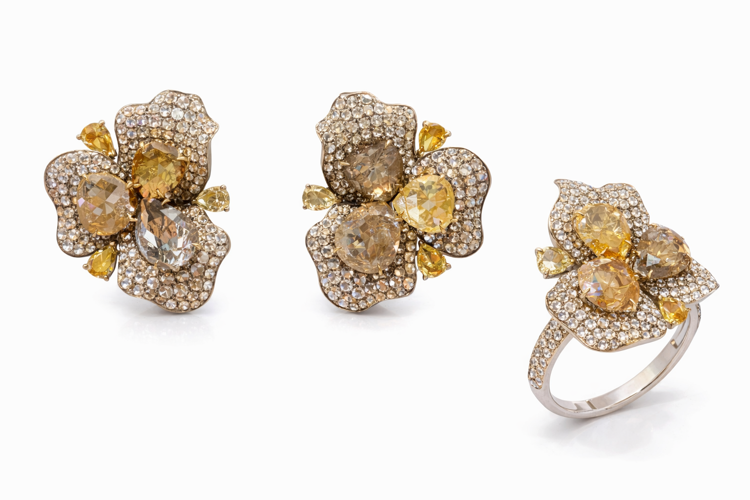 18K gold diamond earrings and ring set with fancy pear shaped diamonds