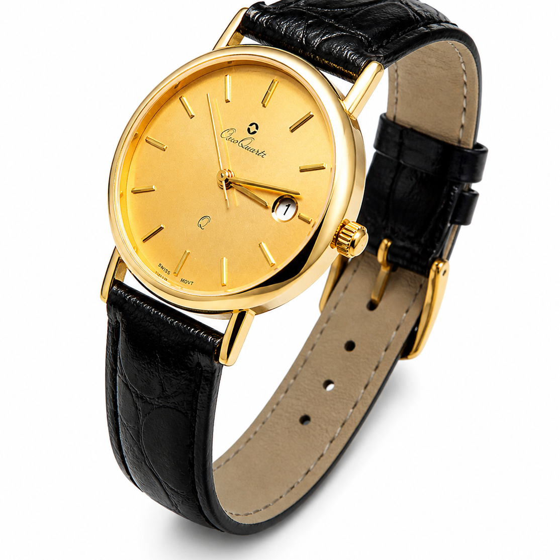 Swiss Made 14K gold watch 585 with champagne dial and black leather strap