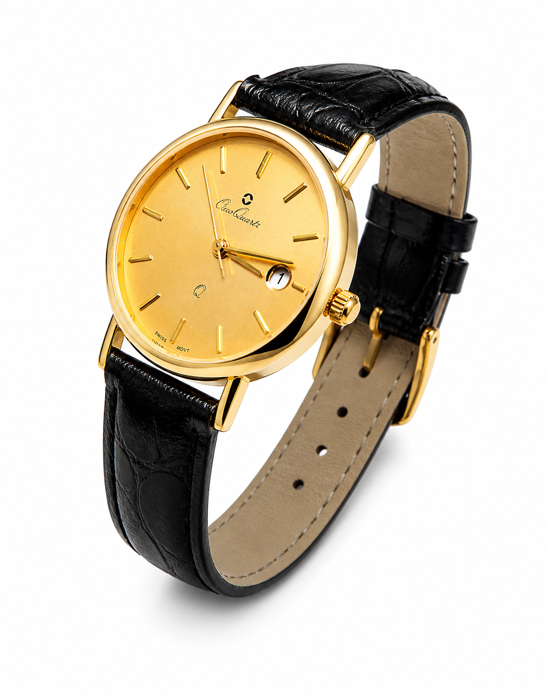 Swiss Made 14K gold watch 585 with champagne dial and black leather strap