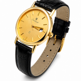 Swiss Made 14K gold watch 585 with champagne dial and black leather strap