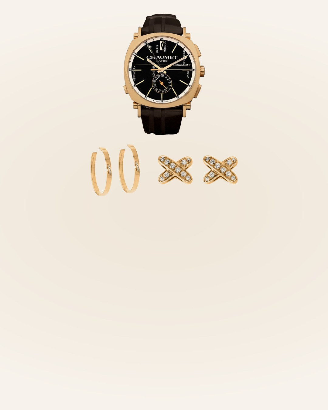 Chaumet Dandy GMT in 18K Roségold mit Liens Creolen und Ohrsteckern aus Gold